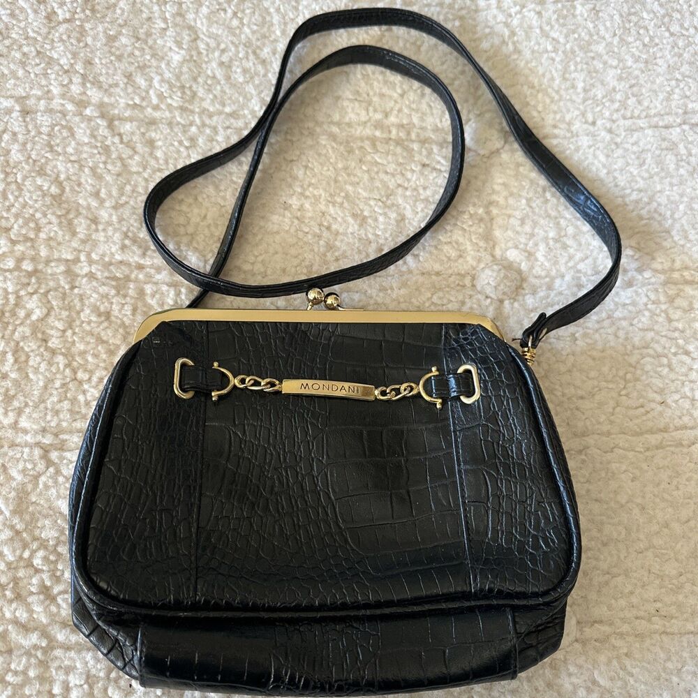 Mondani New York Handbag Shoulder Purse Black Gold Accents Vintage Faux